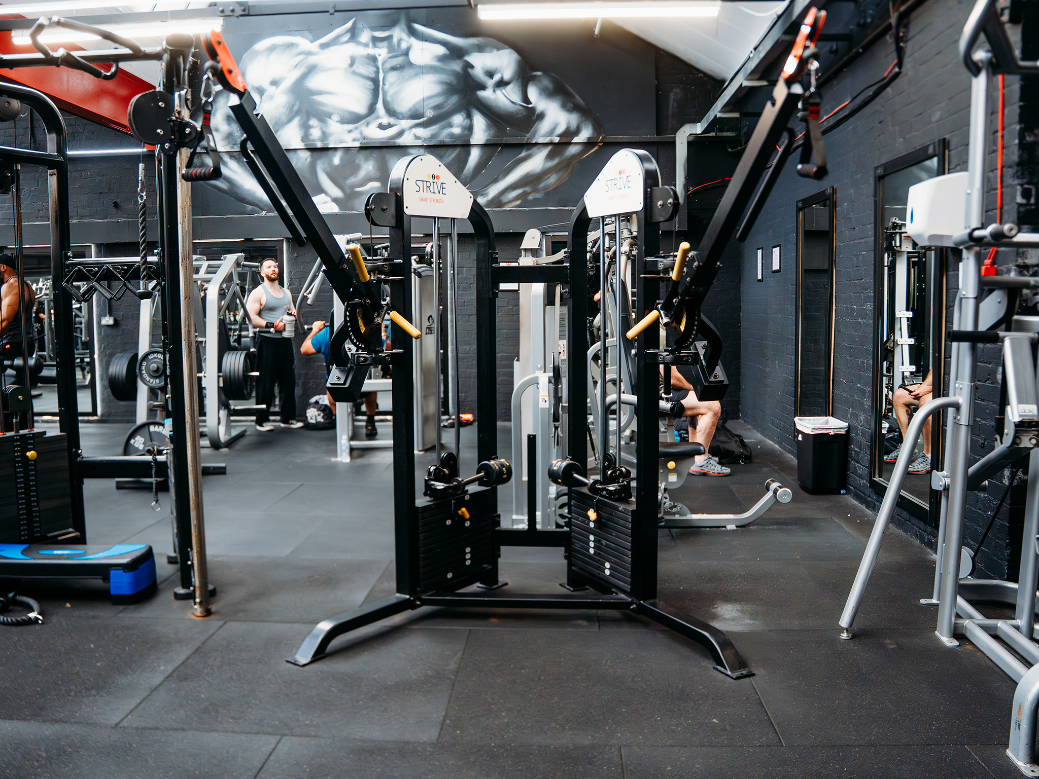 A dual‑adjustable pulley machine labeled STRIVE stands in the center of a busy strength‑training area. Weight stacks, benches, and resistance machines surround it, with several people working out nearby. Dark walls, mirrors, and a mural of muscular figures create a bold, high‑energy gym atmosphere.