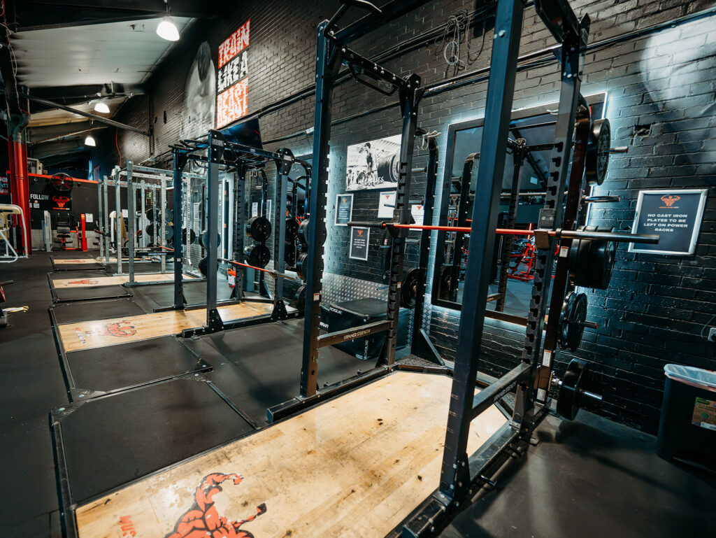 Professional strength and powerlifting area featuring squat racks, lifting platforms, Olympic barbells, and plate storage, designed for serious strength and performance training.